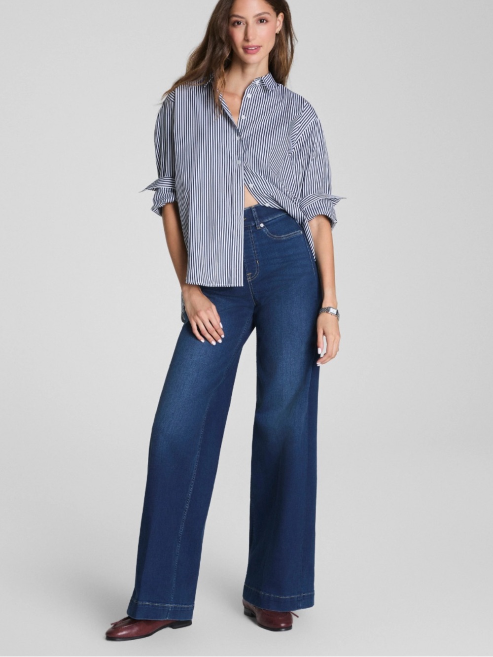 NWT Spanx Wide Leg Jeans Large Pacific Wash High Rise Pull On Shaping Denim